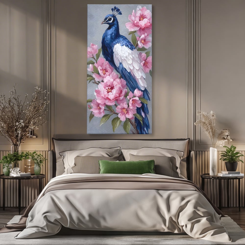 Tablou canvas cu tablou canvas cu paun si bujori roz, fara rama, pe sasiu de lemn, pe perete intr-un dormitor